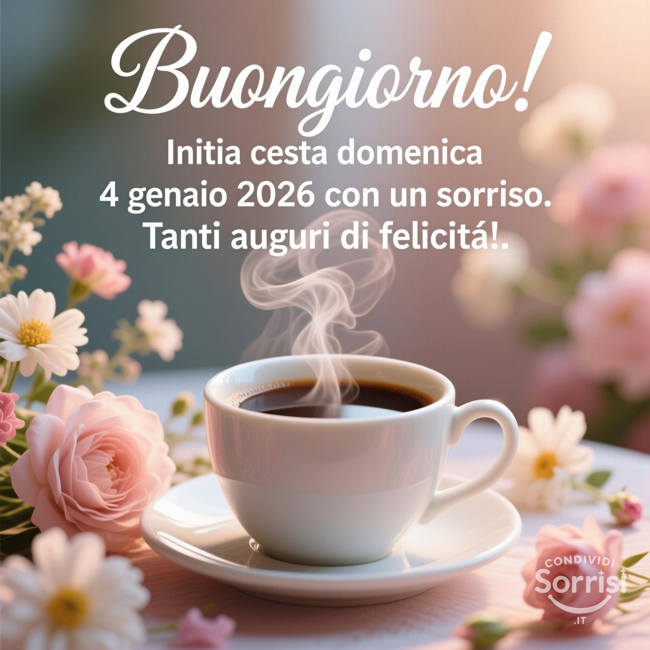 Buongiorno! Inizia questa domenica 4 gennaio 2026 con un sorriso. Tanti auguri di felicità!